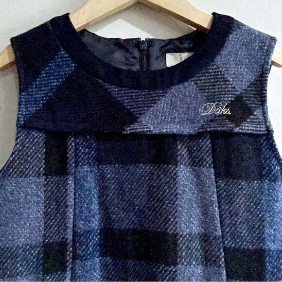 DAKS Girls 130 9Y Wool Plaid Sleeveless Dress Navy Blue Check Preppy - Picture 3 of 8